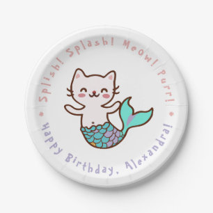 Assiettes En Carton Cute Chat Sirène fille Anniversaire Meowmaid Purrm