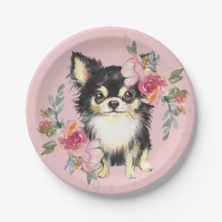 Assiettes En Carton Cute Chihuahua Chiot et fleurs Aquarelle Art