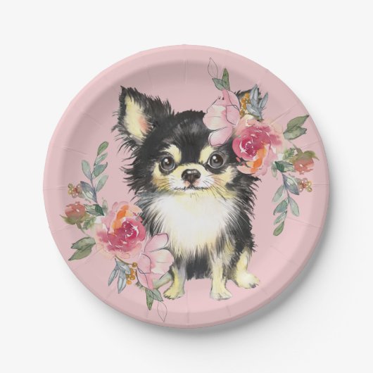 Assiettes En Carton Cute Chihuahua Chiot et fleurs Aquarelle Art (Devant)