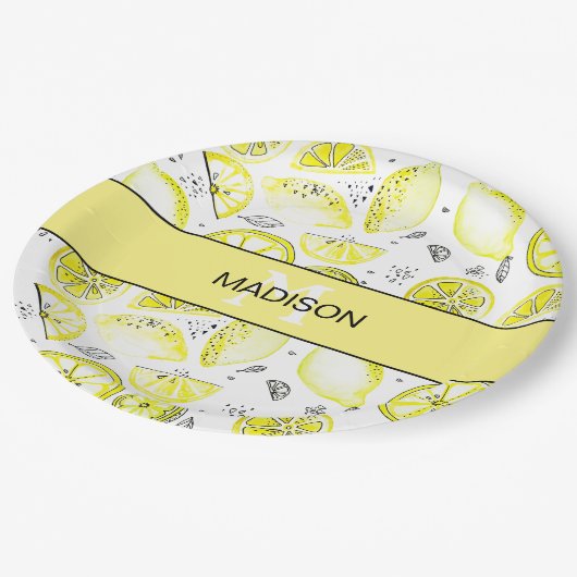 Assiettes En Carton Cute Citron frais Citrus Doodle Yellow Monogramme (Angle)