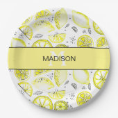 Assiettes En Carton Cute Citron frais Citrus Doodle Yellow Monogramme (Devant)