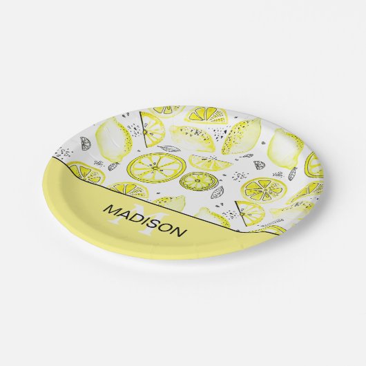 Assiettes En Carton Cute Citron frais Citrus Doodle Yellow Monogramme (Angle)