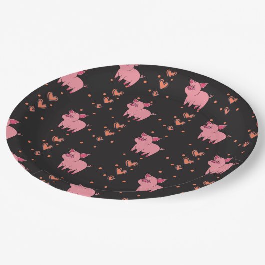 Assiettes En Carton Cute Cochon Piggy avec Coeur rose Motif Style noir (Angle)