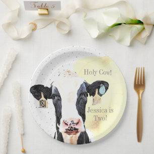 Assiettes En Carton Cute Cow Wild Animal Jaune 2e fête d'anniversaire