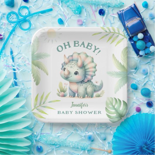 Assiettes En Carton Cute Dino Jungle Triceratops Dinosaur Baby shower (Fête)