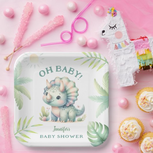 Assiettes En Carton Cute Dino Jungle Triceratops Dinosaur Baby shower (Fête)