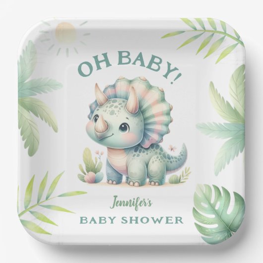 Assiettes En Carton Cute Dino Jungle Triceratops Dinosaur Baby shower (Recto)