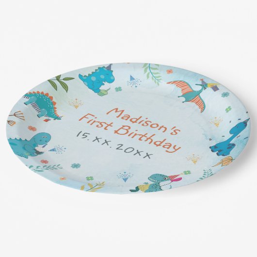 Assiettes En Carton Cute Dinosaur 1er anniversaire (Angle)