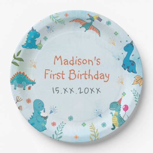 Assiettes En Carton Cute Dinosaur 1er anniversaire (Devant)