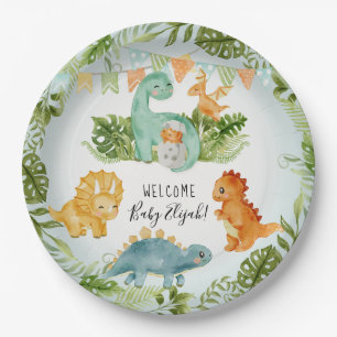 Assiettes En Carton Cute Dinosaur Foliage Aquarelle Bébé Garçon Douche