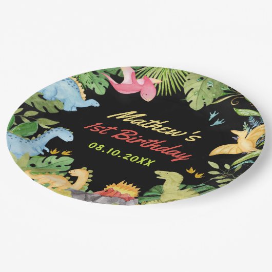 Assiettes En Carton Cute Dinosaur Garçon Première fête d'anniversaire (Angle)