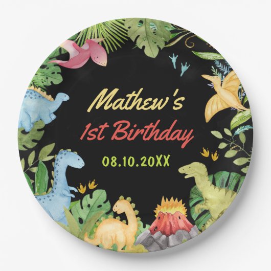 Assiettes En Carton Cute Dinosaur Garçon Première fête d'anniversaire (Devant)