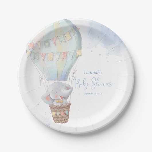 Assiettes En Carton Cute Elephant Boy Baby shower bleu Plaque en papie (Devant)