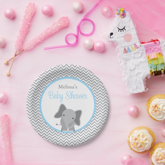 Assiettes En Carton Cute Elephant Chevron Baby shower bleu clair (Fête)