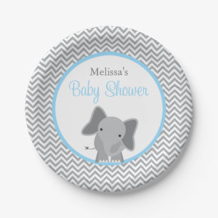 Assiettes En Carton Cute Elephant Chevron Baby shower bleu clair