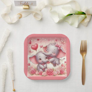 Assiettes En Carton Cute Elephant Hugs, Coeurs et Roses
