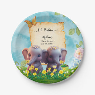 Assiettes En Carton Cute Elephant Twins Baby shower bleu Floral Custom