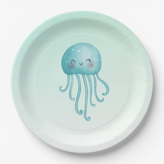 Assiettes En Carton Cute et amusante méduse bleu-vert