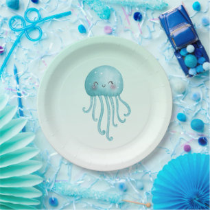 Assiettes En Carton Cute et amusante méduse bleu-vert