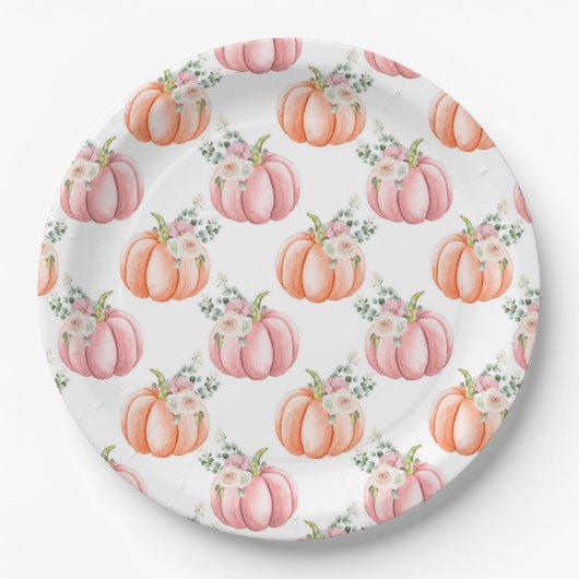 Assiettes En Carton Cute Fall Soft Pink and Orange Floral Citrouille (Devant)