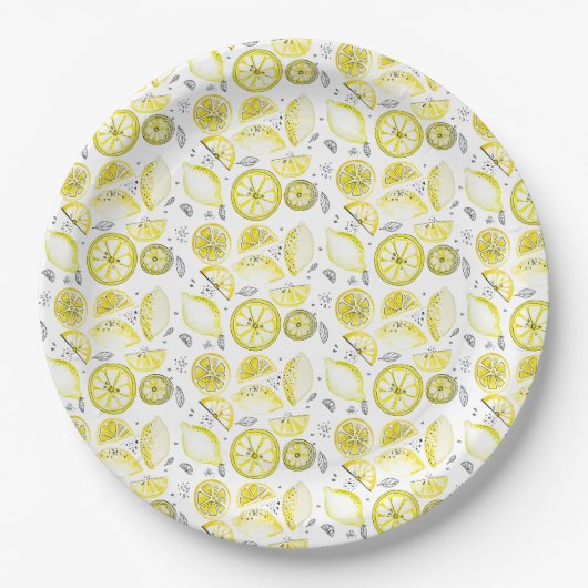 Assiettes En Carton Cute Fraîche Citrus Citron D'Été Doodle Jaune (Devant)