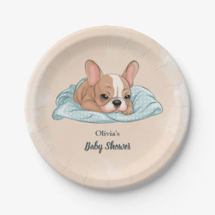 Assiettes En Carton Cute française Bulldog Pup Baby shower bleu couver