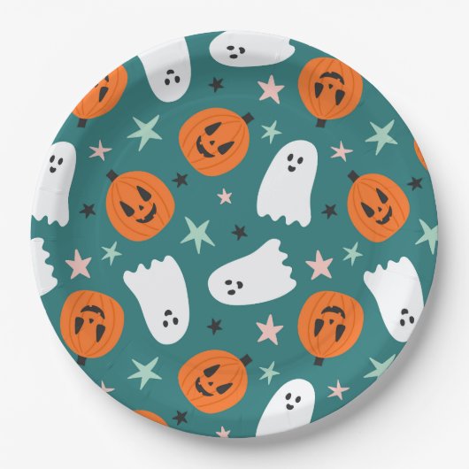 Assiettes En Carton Cute Ghost et Halloween Citrouille (Devant)