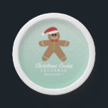 Assiettes En Carton Cute Gingerbread Man Christmas Cookie Exchange<br><div class="desc">Cette plaque d'échange de biscuits de Noël comporte un mignon homme en pain d'épice portant un chapeau de Père Noël. L'arrière - plan est un turquoise mou avec des points de confettis blancs pour ressembler à de la chute de neige.</div>