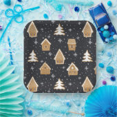 Assiettes En Carton Cute Gingerbread Village Fir Trees Bleu Noël (Fête)