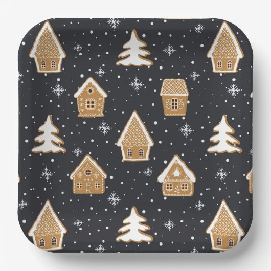 Assiettes En Carton Cute Gingerbread Village Fir Trees Bleu Noël (Recto)