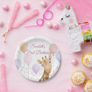 Assiettes En Carton Cute Giraffe Ballons colorés Fille 1er anniversair