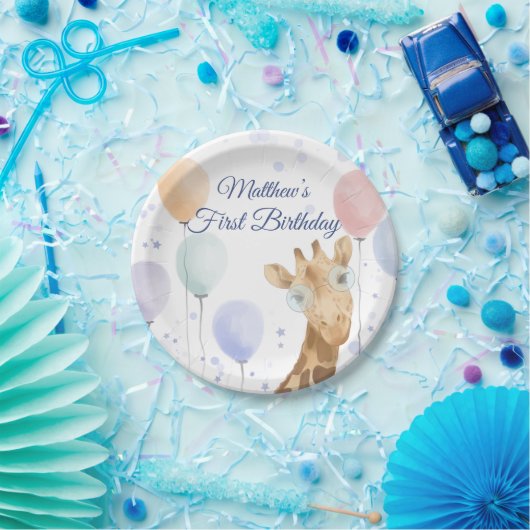 Assiettes En Carton Cute Giraffe Balloon Boy Premier Anniversaire  (Fête)