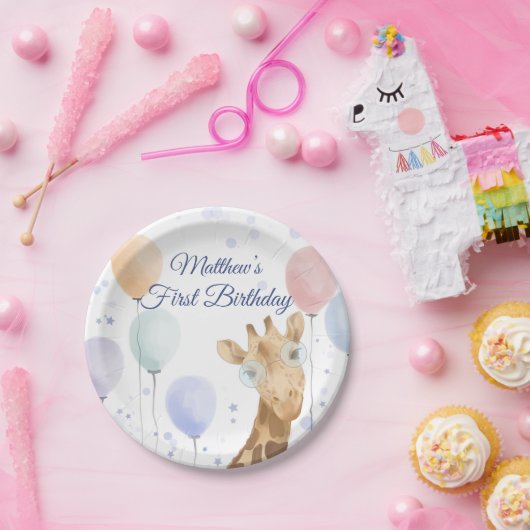 Assiettes En Carton Cute Giraffe Balloon Boy Premier Anniversaire  (Fête)