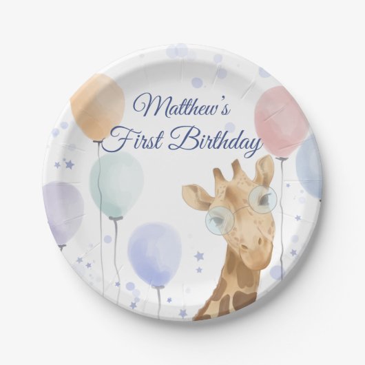 Assiettes En Carton Cute Giraffe Balloon Boy Premier Anniversaire (Devant)