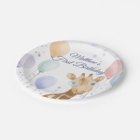 Assiettes En Carton Cute Giraffe Balloon Boy Premier Anniversaire  (Angle)