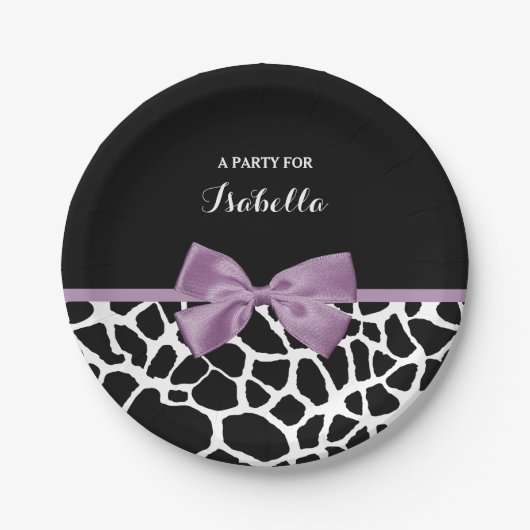 Assiettes En Carton Cute Giraffe Imprimer Lavande Violet Bow Avec Nom (Devant)