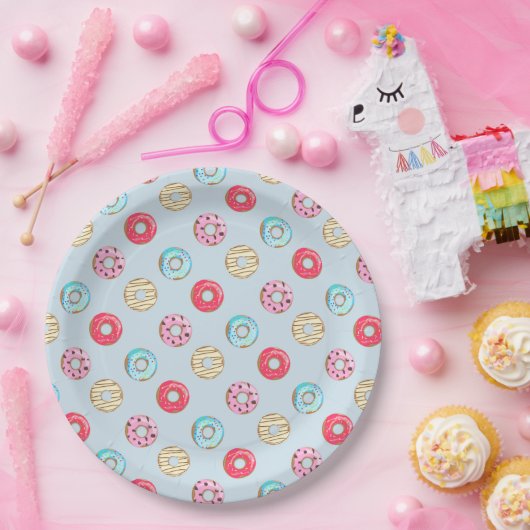 Assiettes En Carton Cute Glazed Doughnut Pattern Light Blue (Fête)