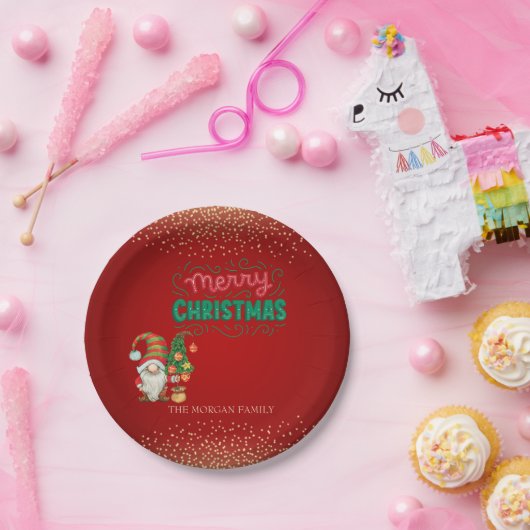 Assiettes En Carton Cute Gnome Pine Tree Confetti Rouge Joyeux Noël (Fête)