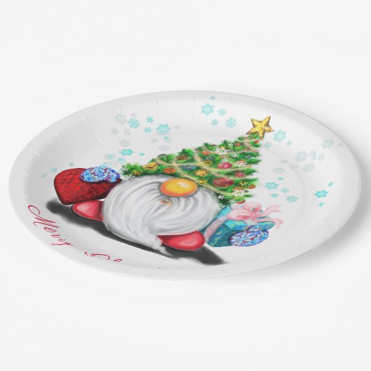 Assiettes En Carton Cute Gnome with Christmas Tree Hat and Gift  (Angle)