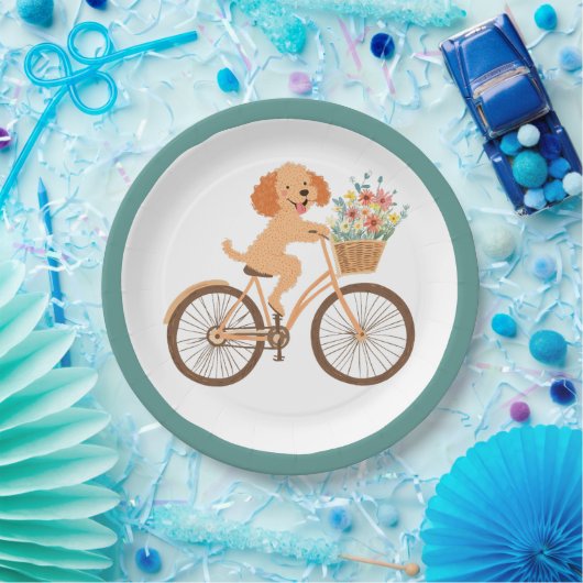 Assiettes En Carton Cute Goldendoodle Chien Vélo Fleurs de printemps (Fête)