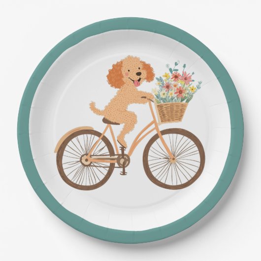 Assiettes En Carton Cute Goldendoodle Chien Vélo Fleurs de printemps (Devant)