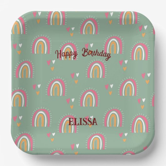 Assiettes En Carton Cute Green Boho Rainbow Anniversaire Nom personnal (Recto)