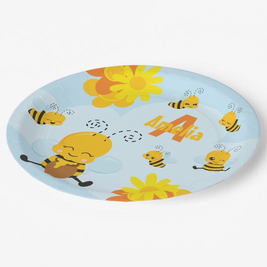 Assiettes En Carton Cute Happy Bumble Bee with Flowers (Angle)