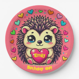 Assiettes En Carton Cute Hérisson personnalisable Fille d'anniversaire