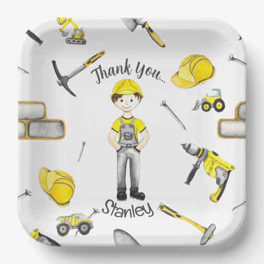 Assiettes En Carton Cute Jaune Construction Camion Motif (Recto)