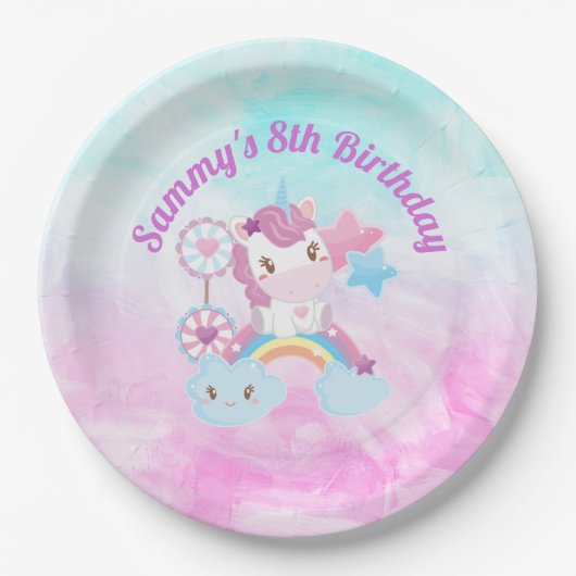 Assiettes En Carton Cute Kawaii Dreamy Unicorn Rainbow Cloud Anniversa (Devant)