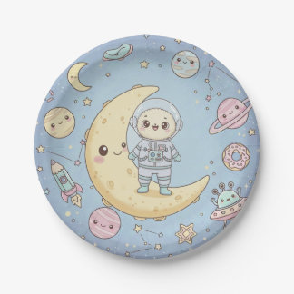 Assiettes En Carton Cute Kawaii Space - Astronaut and Smiling Moon