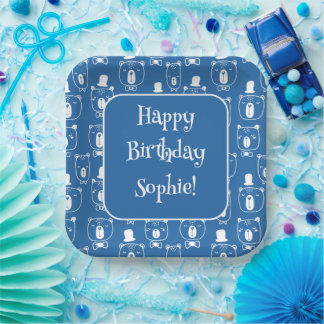 Assiettes En Carton Cute Kids Gentleman Bear en bleu Casquette