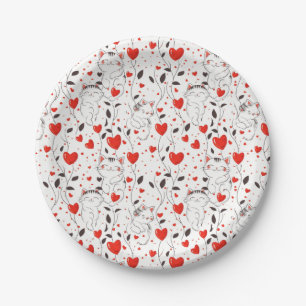 Assiettes En Carton Cute Kitten et Red Hearts Valentine's Day Plates