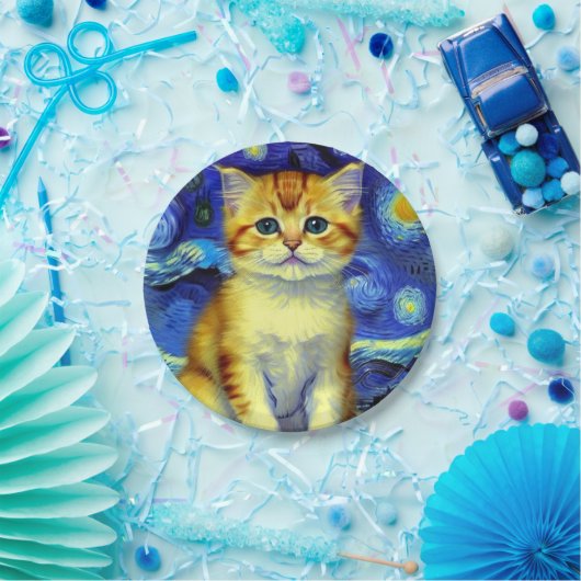 Assiettes En Carton Cute Kitten Starry Night Van Gogh (Fête)